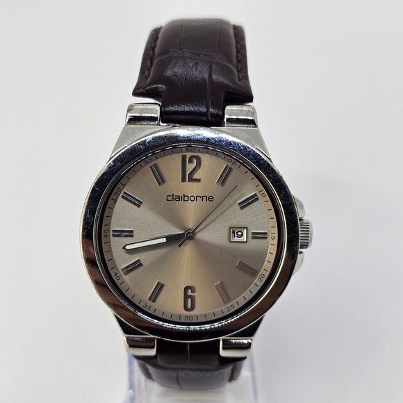 Claiborne Men's Dress Watch 40MM Gold Dial Date Brown Leather Bands New Battery - Picture 1 of 16